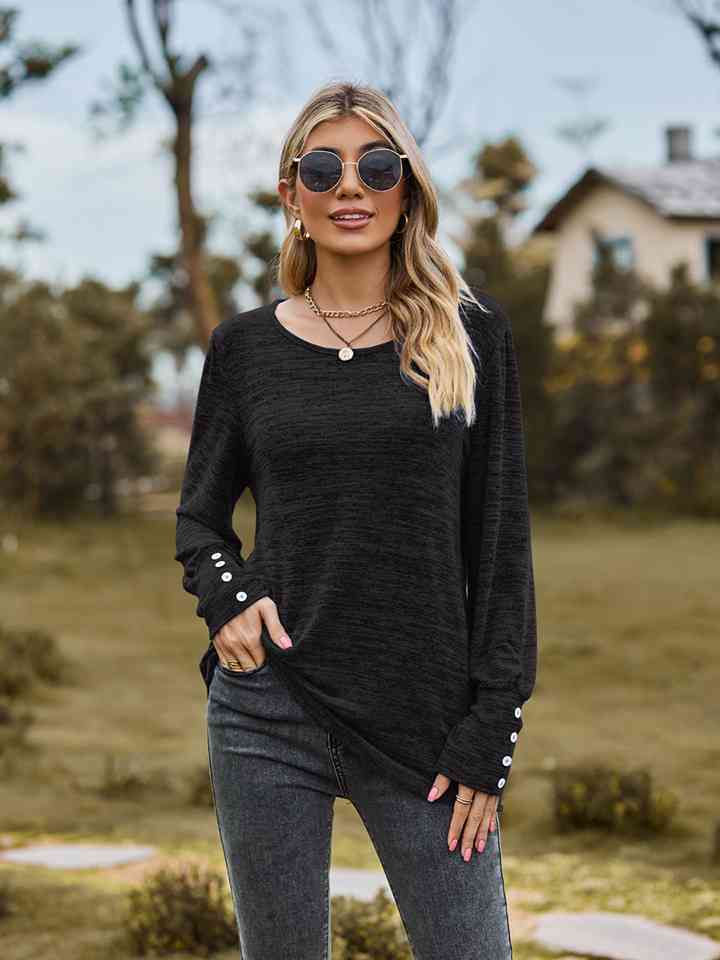 Round Neck Long Sleeve Buttoned T-Shirt BLUE ZONE PLANET