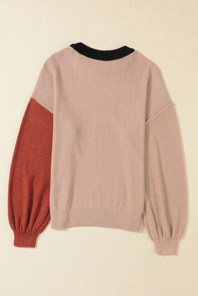 Blue Zone Planet | Contrast Round Neck Dropped Shoulder Sweater BLUE ZONE PLANET