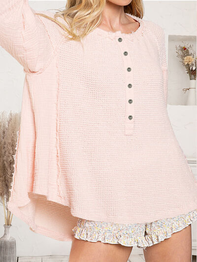 Blue Zone Planet | Waffle Knit Half Button Raw Hem Blouse BLUE ZONE PLANET