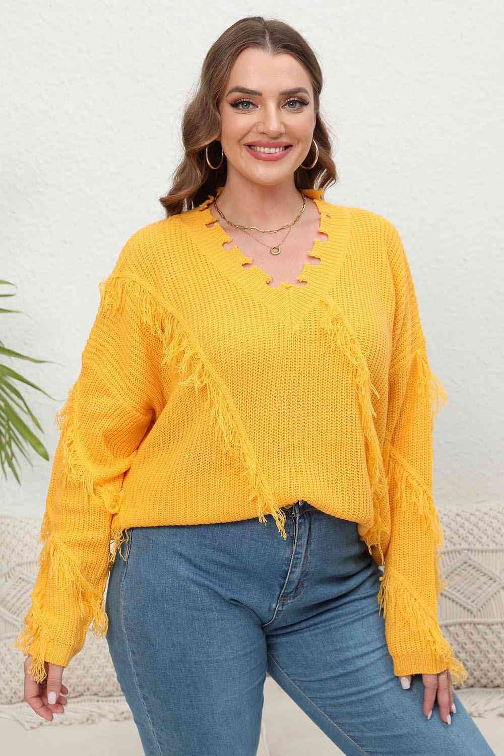 Plus Size Fringe V-Neck Long Sleeve Sweater BLUE ZONE PLANET