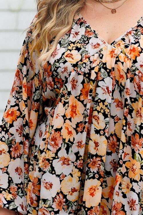 Plus Size Floral V-Neck Balloon Sleeve Blouse BLUE ZONE PLANET