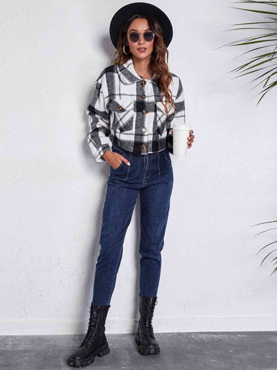 Plaid Button Front Jacket with Pockets BLUE ZONE PLANET