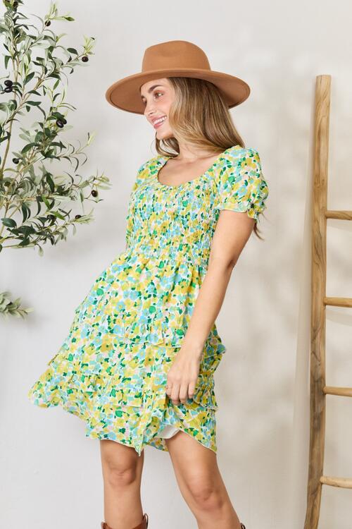 Double Take Smocked Scoop Neck Flounce Sleeve Mini Dress BLUE ZONE PLANET