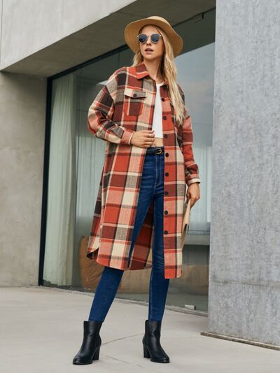 Blue Zone Planet |  Plaid Pocketed Button Up Trench Coat BLUE ZONE PLANET