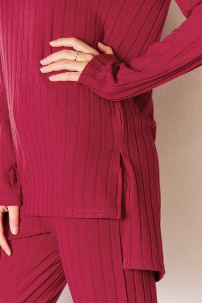 Blue Zone Planet | Basic Bae Full Size Ribbed Round Neck High-Low Slit Top and Pants Set BLUE ZONE PLANET