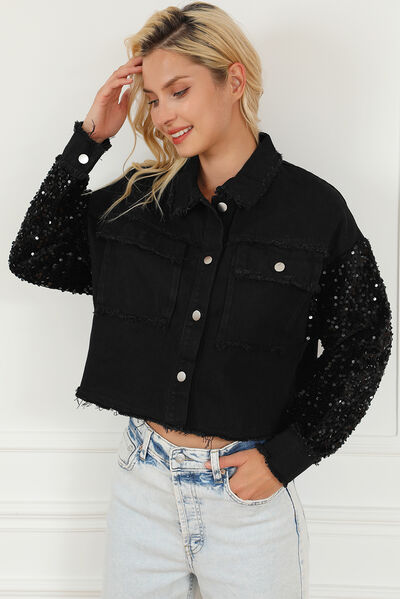 Sequin Button Up Raw Hem Denim Jacket BLUE ZONE PLANET