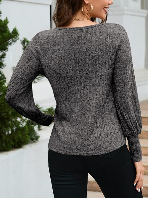 Ribbed Round Neck Lantern Sleeve Knit Top BLUE ZONE PLANET
