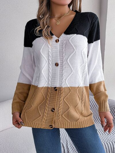 Cable-Knit Striped Button Up Cardigan BLUE ZONE PLANET