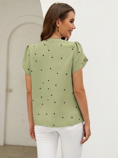Blue Zone Planet | Heart Print Notched Petal Sleeve Blouse BLUE ZONE PLANET