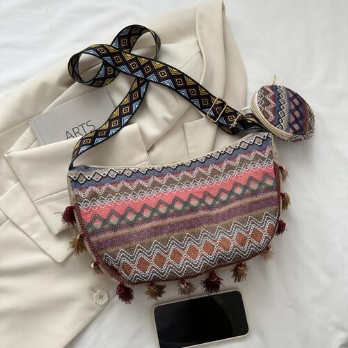 Printed Tassel Detail Crossbody Bag with Small Purse BLUE ZONE PLANET