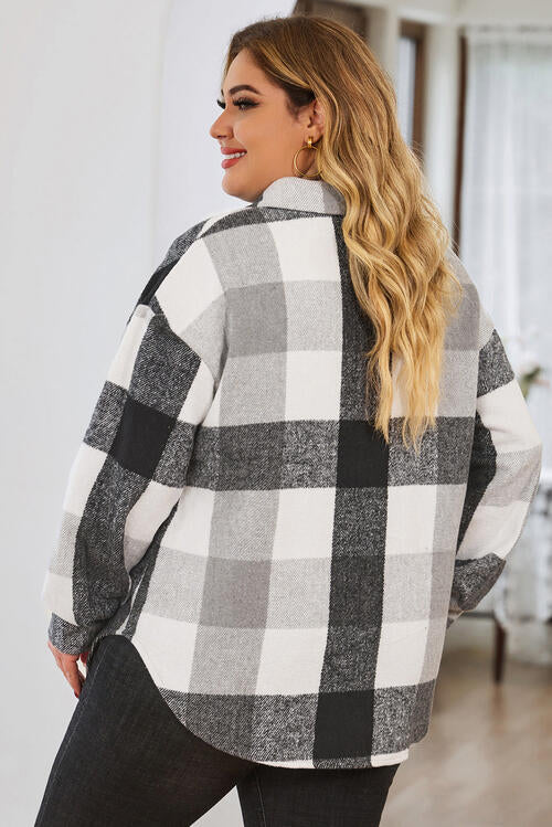 Plus Size Plaid Button Up Collared Neck Jacket BLUE ZONE PLANET