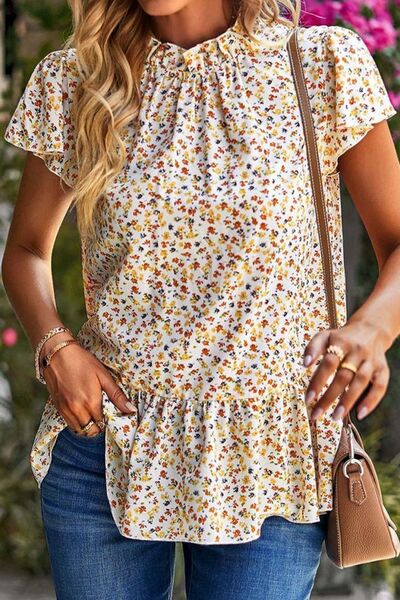 Blue Zone Planet | Ditsy Floral Peplum Short Sleeve Blouse BLUE ZONE PLANET