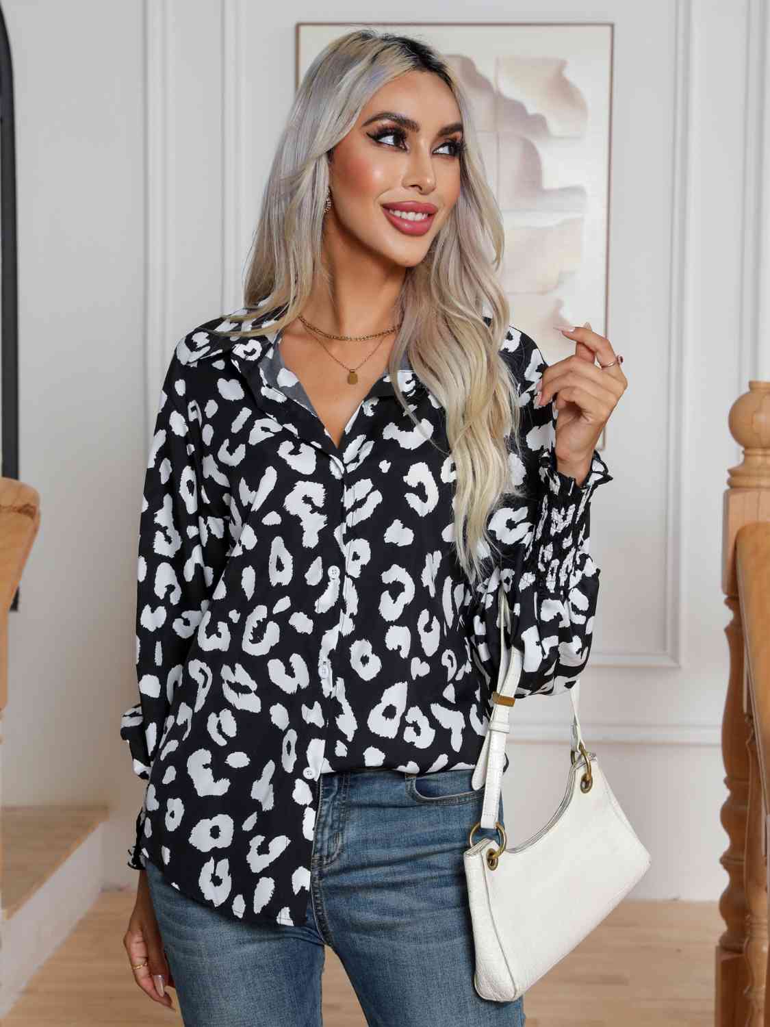 Printed Collared Neck Buttoned Lantern Sleeve Shirt BLUE ZONE PLANET
