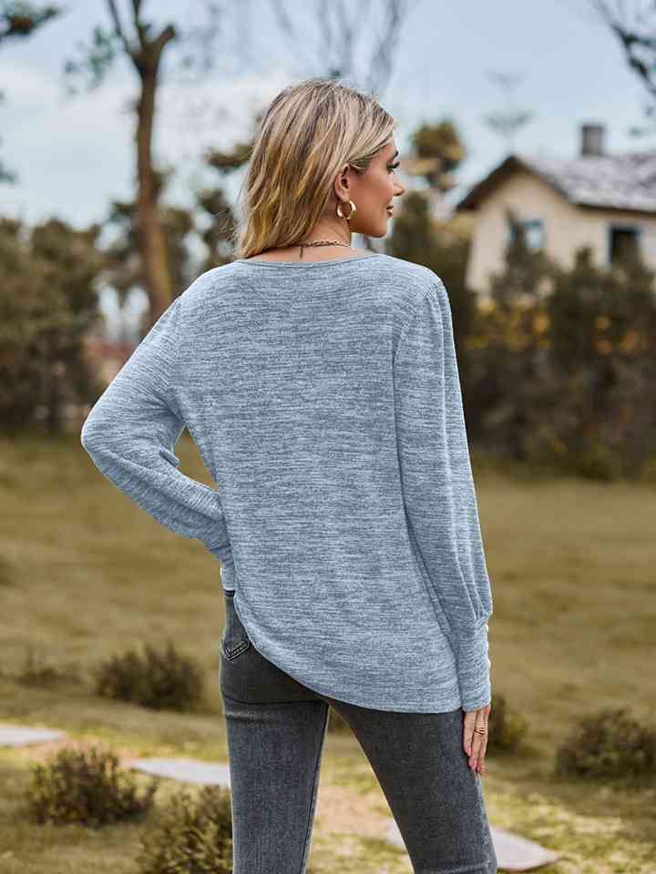 Round Neck Long Sleeve Buttoned T-Shirt BLUE ZONE PLANET