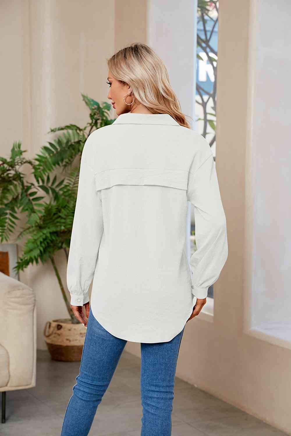 Collared Neck Buttoned Long Sleeve Shirt BLUE ZONE PLANET