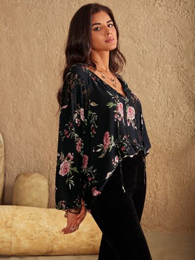 Blue Zone Planet | Flower Printed Tie Neck Long Sleeve Blouse BLUE ZONE PLANET