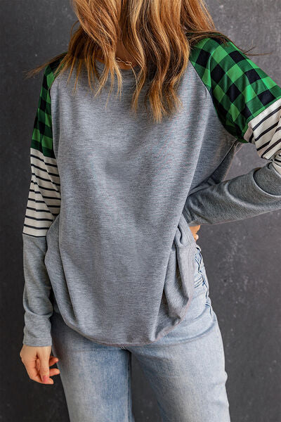 Blue Zone Planet | Striped Plaid Round Neck Long Sleeve T-Shirt BLUE ZONE PLANET