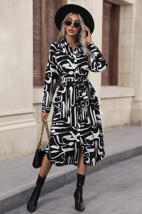 Printed Tie Front Collared Neck Slit Shirt Dress BLUE ZONE PLANET