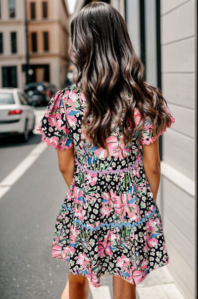 Printed Ruffle Hem Short Sleeve Mini Dress BLUE ZONE PLANET