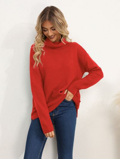 Slit Turtleneck Dropped Shoulder Sweater Trendsi