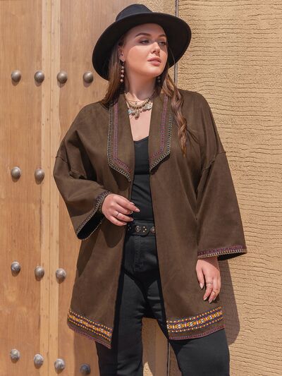 Plus Size Embroidered Open Front Dropped Shoulder Jacket Trendsi