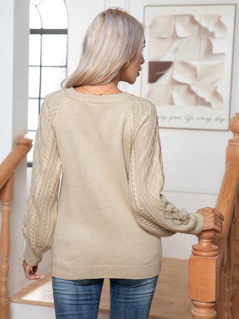 Cable-Knit Round Neck Buttoned Sweater BLUE ZONE PLANET