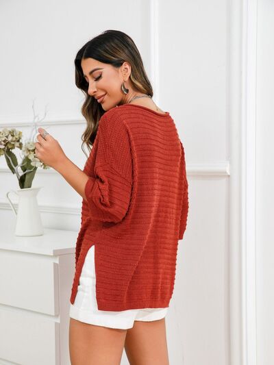 Blue Zone Planet | Rolled Round Neck Dropped Shoulder Slit Sweater BLUE ZONE PLANET