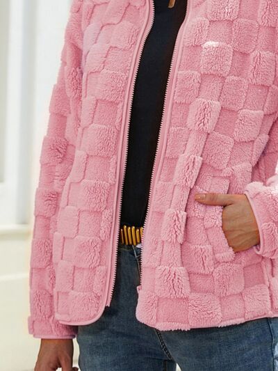 Blue Zone Planet | Fuzzy Checkered Zip Up Jacket BLUE ZONE PLANET