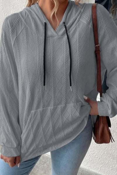 Textured Drawstring Kangaroo Pocket Hoodie Trendsi