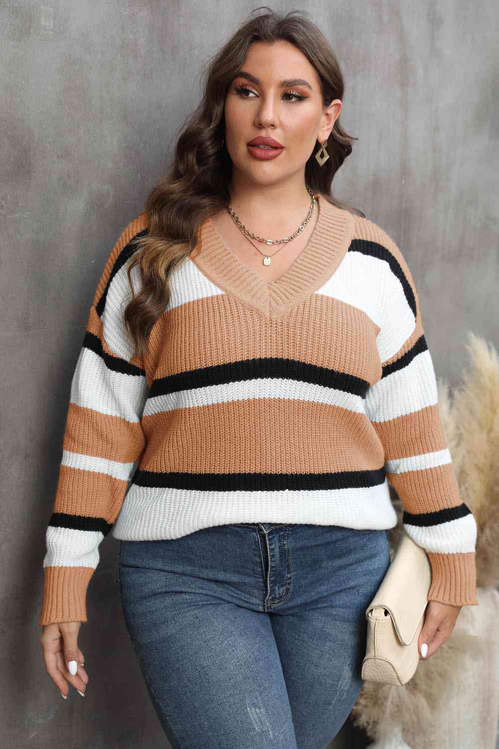 Plus Size Striped V-Neck Dropped Shoulder Sweater BLUE ZONE PLANET