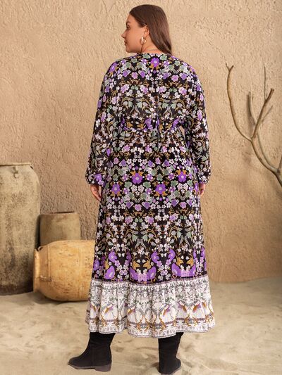 Blue Zone Planet | Plus Size V-Neck Balloon Sleeve Printed Midi Dress BLUE ZONE PLANET