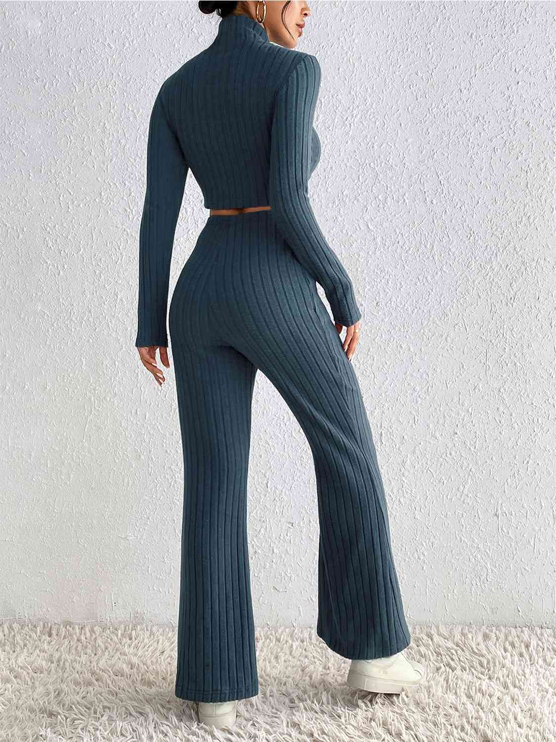 Ribbed Mock Neck Cropped Sweater & High Waist Pants Set BLUE ZONE PLANET