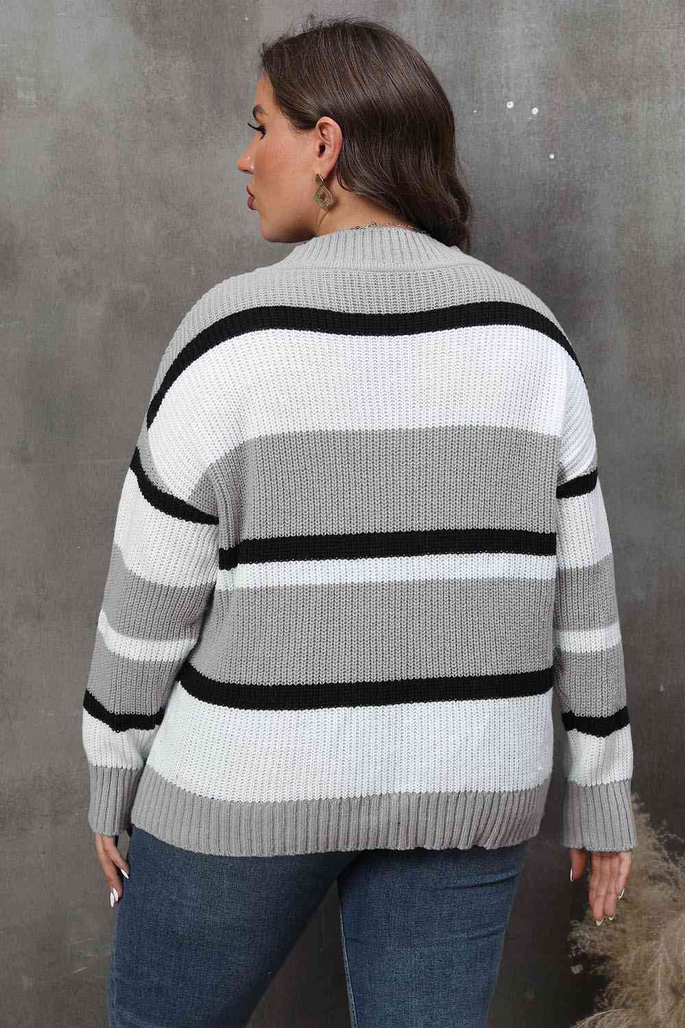 Plus Size Striped V-Neck Dropped Shoulder Sweater BLUE ZONE PLANET
