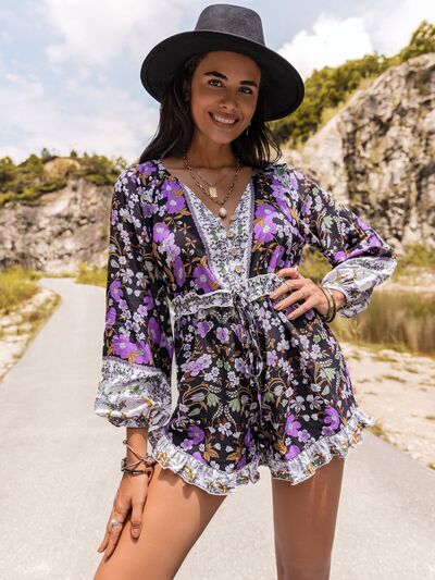 Blue Zone Planet | Printed Frill Half Button Balloon Sleeve Romper BLUE ZONE PLANET