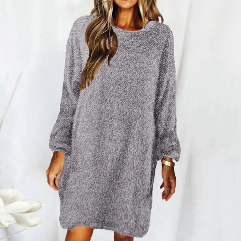 Blue Zone Planet | Autumn Winter Loose Long Sleeved Plush Dress kakaclo