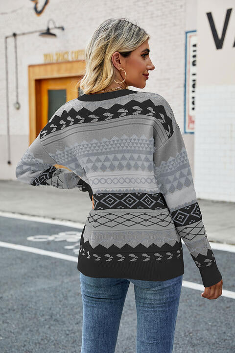 Round Neck Drop Shoulder Sweater BLUE ZONE PLANET