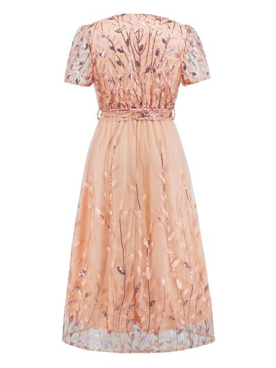Blue Zone Planet |  Sequin Leaf Embroidery Tie Front Short Sleeve Dress BLUE ZONE PLANET