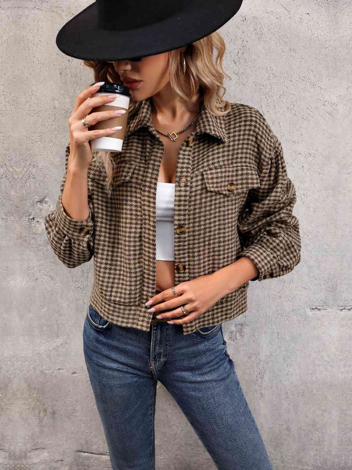 Houndstooth Collared Neck Button Up Jacket BLUE ZONE PLANET