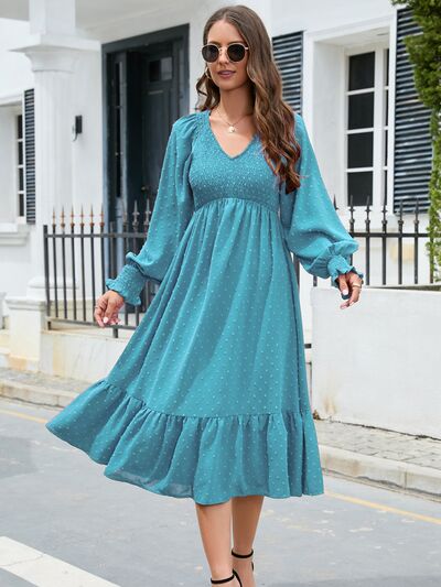 Swiss Dot V-Neck Smocked Lantern Sleeve Ruffle Hem Dress BLUE ZONE PLANET