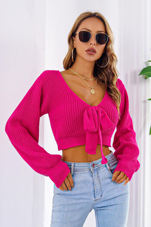 Bow V-Neck Long Sleeve Cropped Sweater BLUE ZONE PLANET