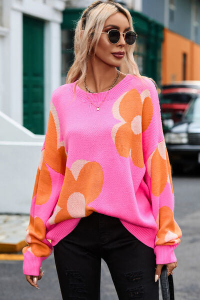 Blue Zone Planet | Flower Round Neck Dropped Shoulder Sweater BLUE ZONE PLANET