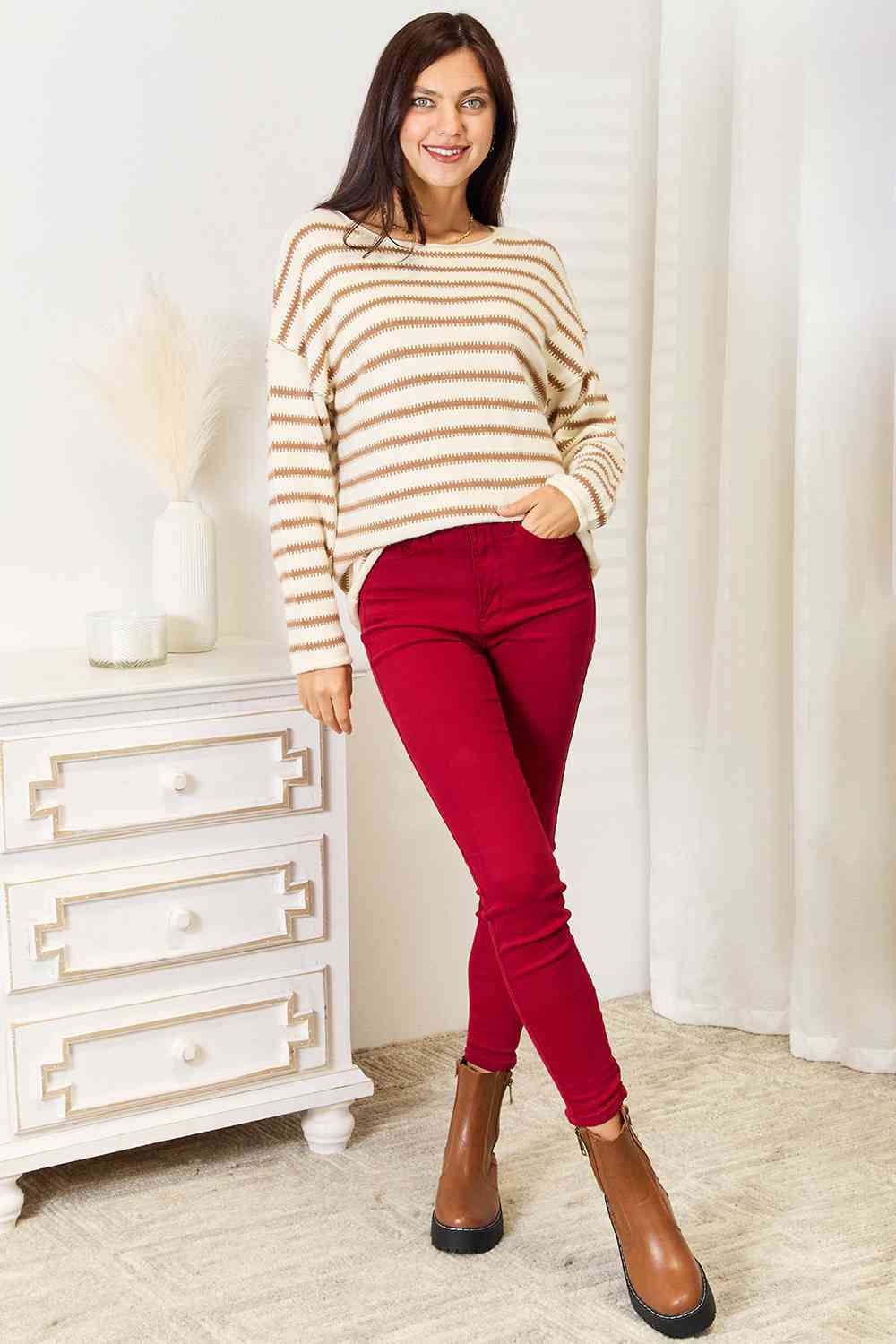 Double Take Striped Boat Neck Sweater BLUE ZONE PLANET
