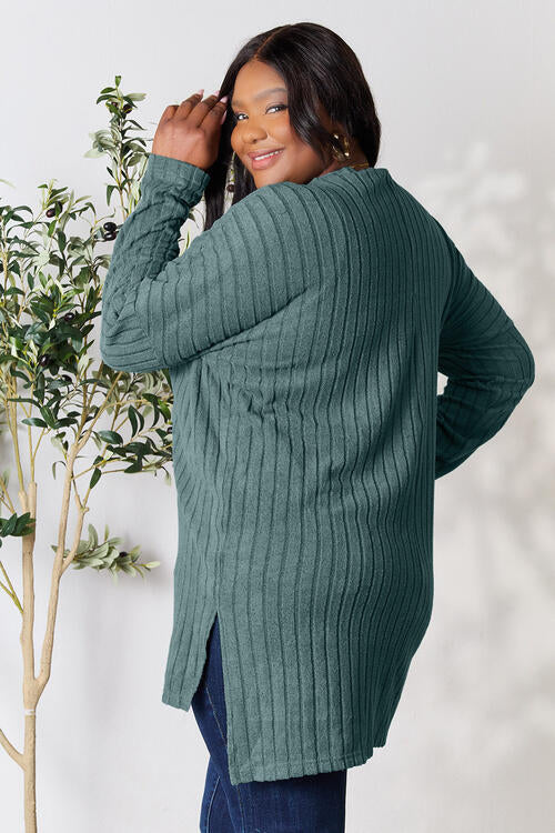 Basic Bae Full Size Ribbed Round Neck Long Sleeve Slit Top BLUE ZONE PLANET