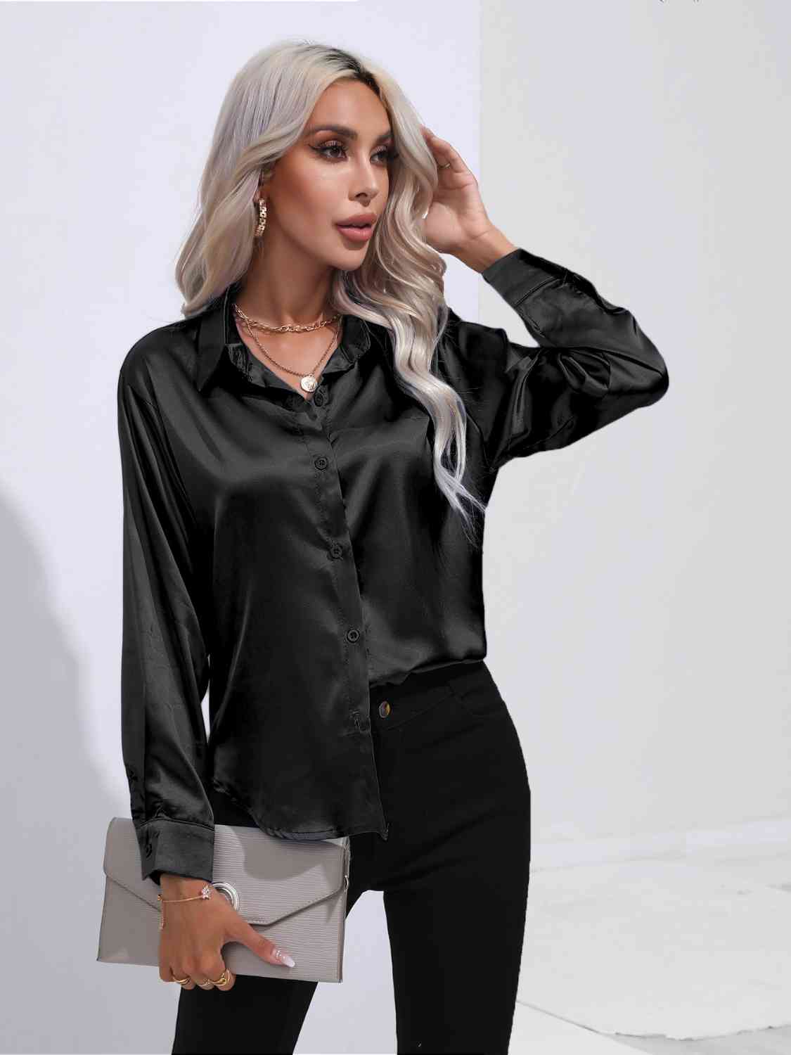 Collared Neck Buttoned Long Sleeve Shirt BLUE ZONE PLANET