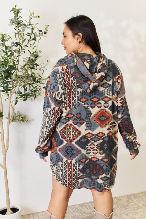 Heimish Full Size Printed Button Up Hooded Jacket BLUE ZONE PLANET