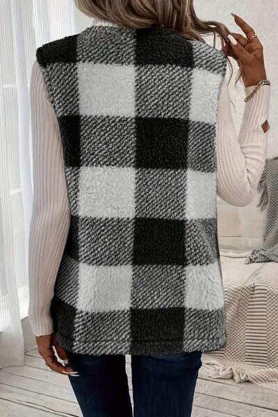 Sherpa Plaid Open Front Vest Coat BLUE ZONE PLANET
