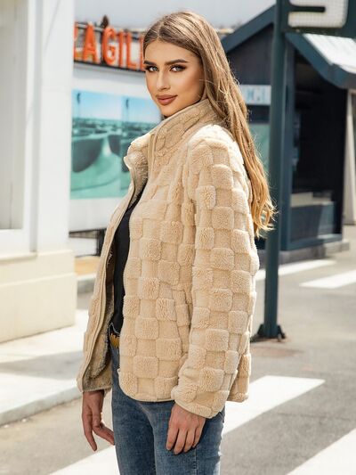 Blue Zone Planet | Fuzzy Checkered Zip Up Jacket BLUE ZONE PLANET