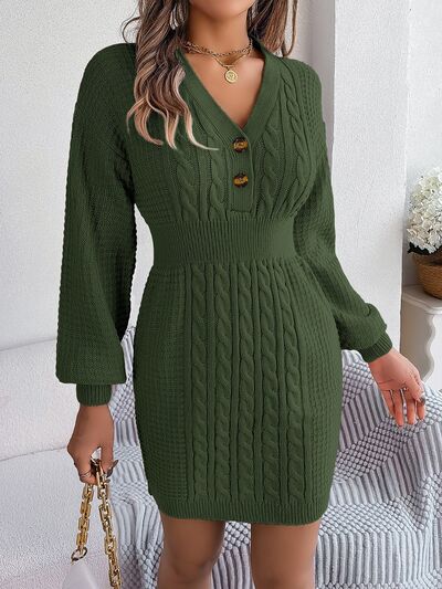 Buttoned Cable-Knit V-Neck Sweater Dress BLUE ZONE PLANET