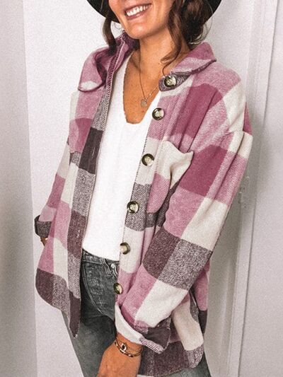 Blue Zone Planet | Plaid Pocketed Dropped Shoulder Button Up Jacket BLUE ZONE PLANET