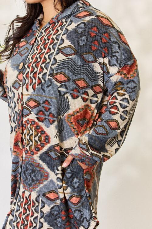 Heimish Full Size Printed Button Up Hooded Jacket BLUE ZONE PLANET